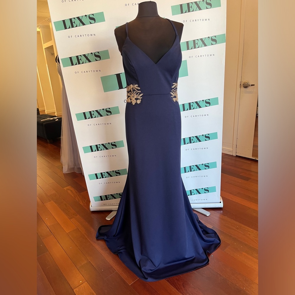 Faviana Navy Blue Gown with Gold Accents